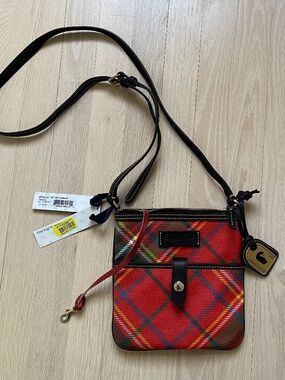 NWT Dooney & Bourke Tartan Plaid Letter Carrier Crossbody - Crimson Red
